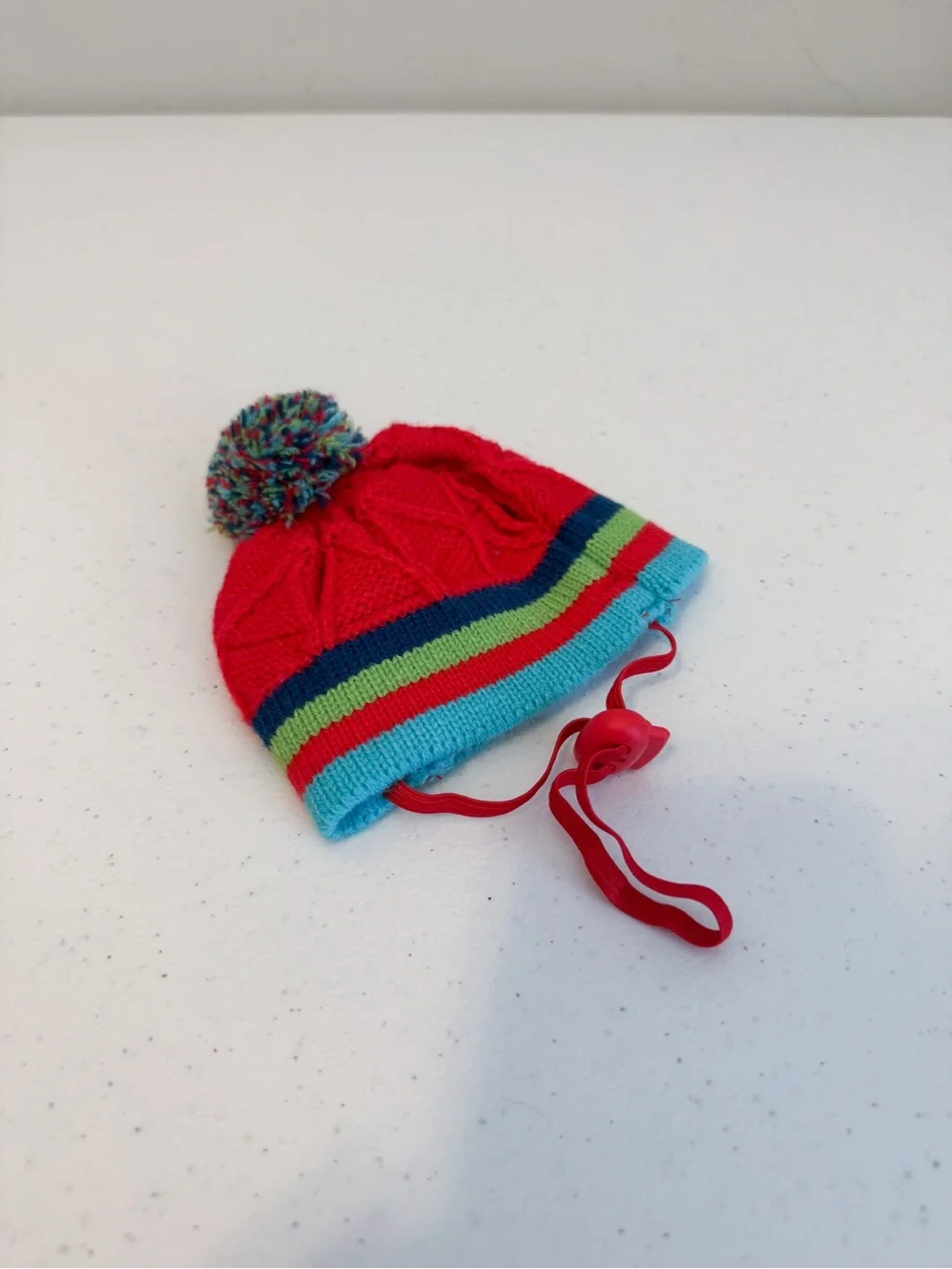 Cat or Small Dog Pom-Pom Knit Beanie Hat in Red and Aqua Stripes